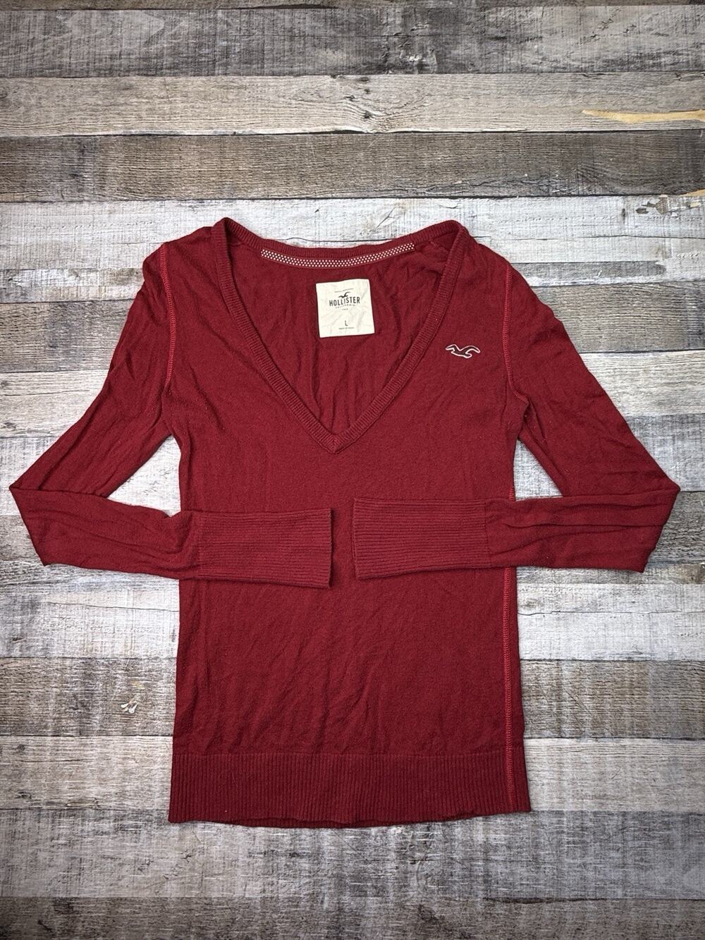 Vintage Y2K Hollister Deep V Neck Long Sleeve Babydoll Layering Top Shirt L Red